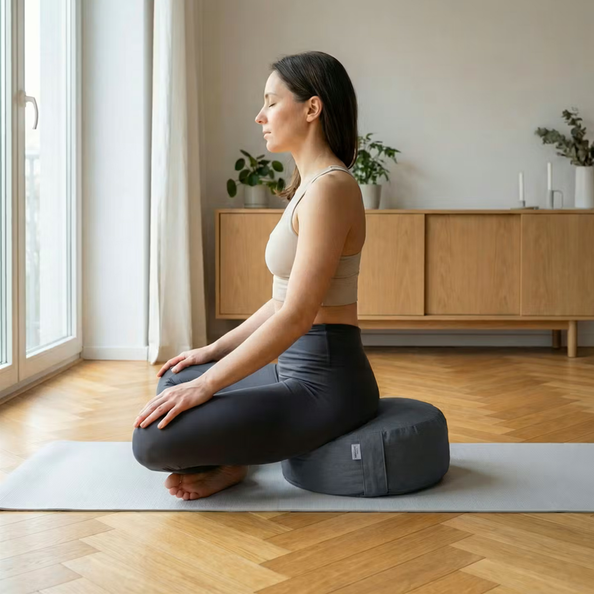 Zafú Redondo de Meditación · Cojín de Meditación y Yoga · Zafu Yoga con Relleno de Cáscara de Trigo Sarraceno · Funda Lavable · Ø 32 × 16 cm · Modelo: Stone · ZAFUZEN Atelier - Imagen 4