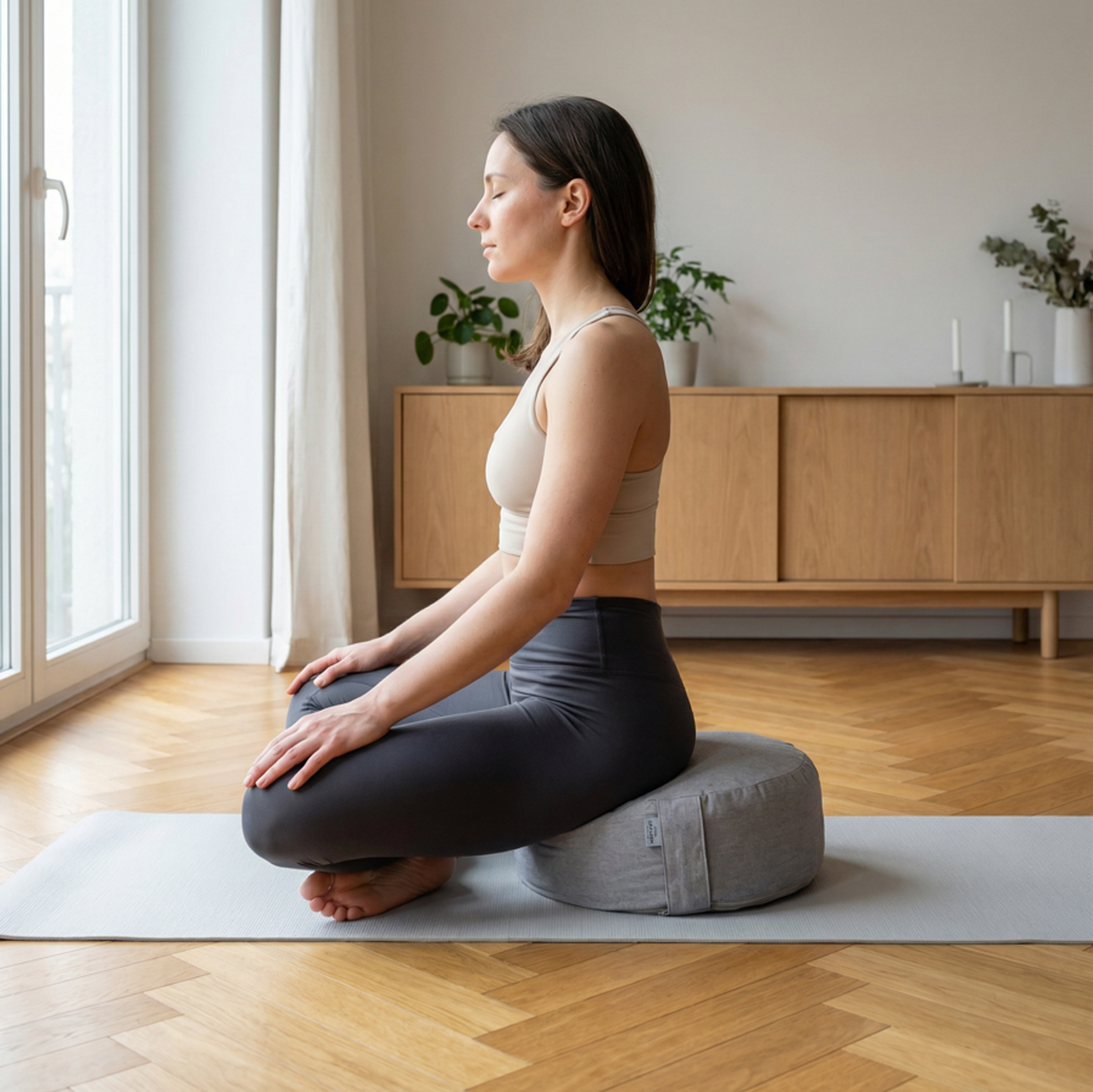 Zafú Redondo de Meditación · Cojín de Meditación y Yoga · Zafu Yoga con Relleno de Cáscara de Trigo Sarraceno · Funda Lavable · Ø 32 × 16 cm · Modelo: Sand · ZAFUZEN Atelier - Imagen 9