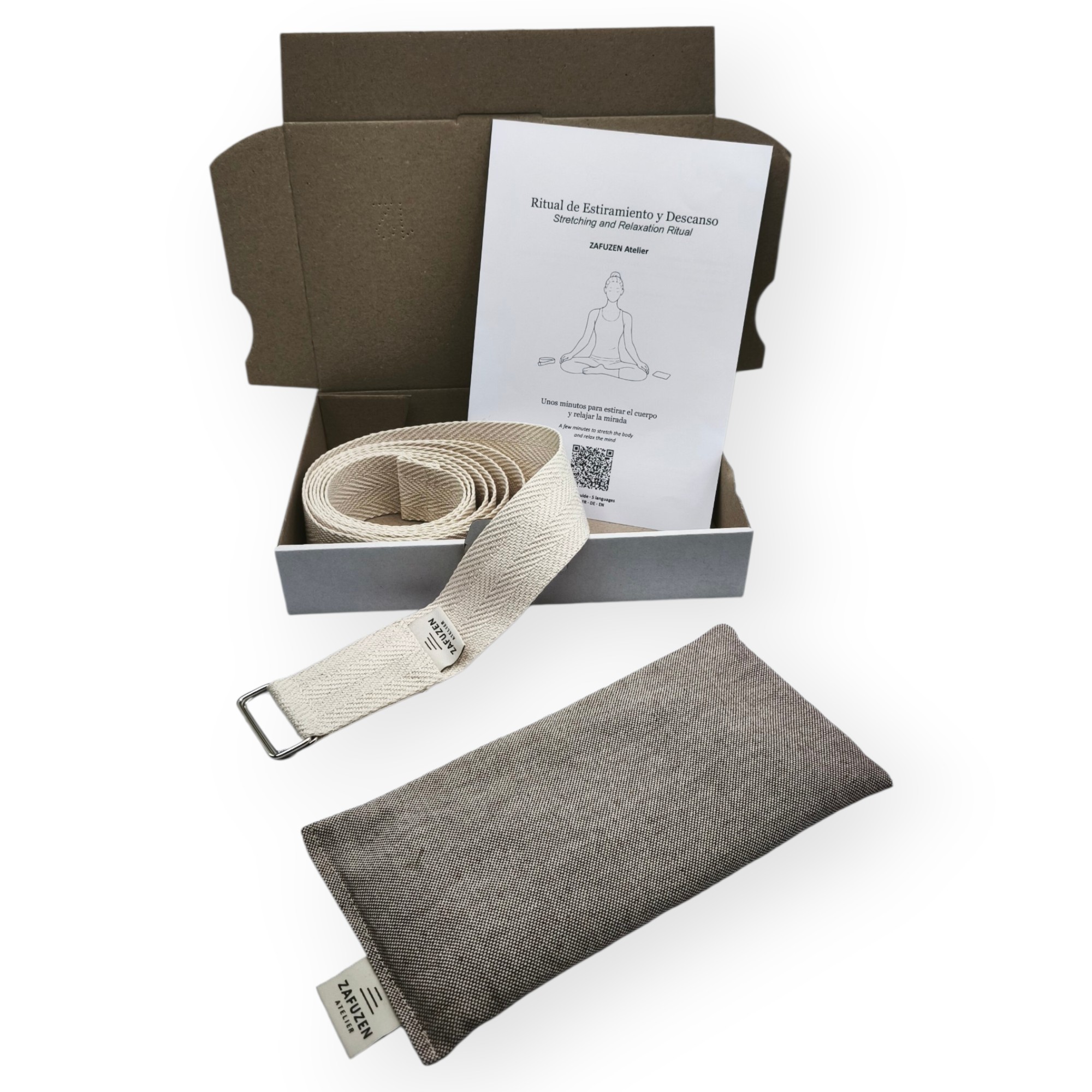 ZAFUZEN Atelier · Ritual de Estiramiento y Descanso · Set de Yoga con Correa de Estiramiento y Almohada para Ojos con Lavanda · Kit de Bienestar para Yoga, Savasana y Relajación · Modelo Clay - Imagen 2