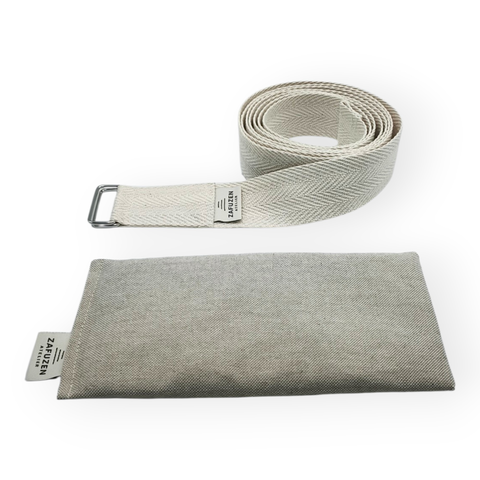 ZAFUZEN Atelier · Ritual de Estiramiento y Descanso · Set de Yoga con Correa de Estiramiento y Almohada para Ojos con Lavanda · Kit de Bienestar para Yoga, Savasana y Relajación · Modelo Dune