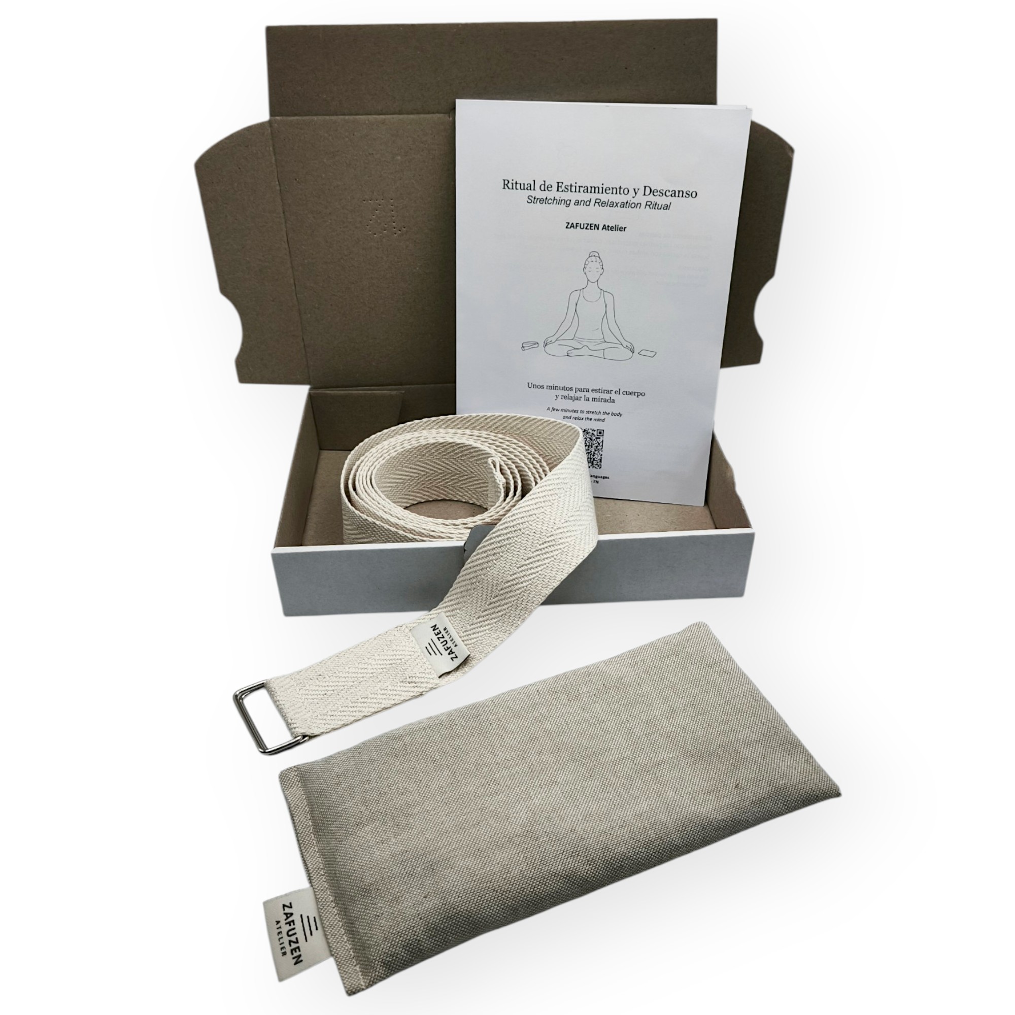 ZAFUZEN Atelier · Ritual de Estiramiento y Descanso · Set de Yoga con Correa de Estiramiento y Almohada para Ojos con Lavanda · Kit de Bienestar para Yoga, Savasana y Relajación · Modelo Dune - Imagen 2